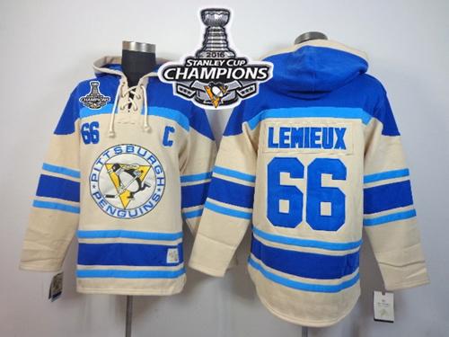 Penguins #66 Mario Lemieux Cream Sawyer Hooded Sweatshirt 2016 Stanley Cup Champions Stitched Jersey