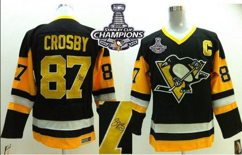 Penguins #87 Sidney Crosby Black CCM Throwback Autographed 2016 Stanley Cup Champions Stitched Jersey