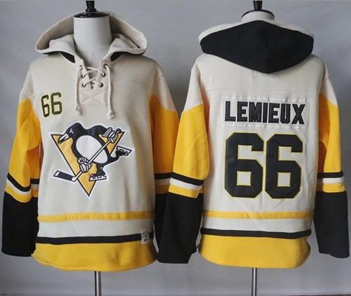 Penguins #66 Mario Lemieux Cream Gold Sawyer Hooded Sweatshirt Stitched Jersey