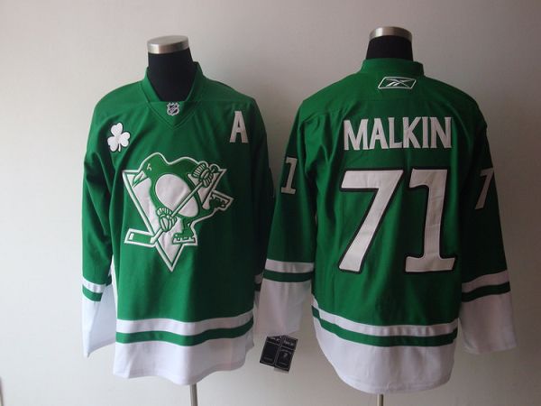 Penguins #71 Evgeni Malkin Stitched Green St Patty's Day Jersey