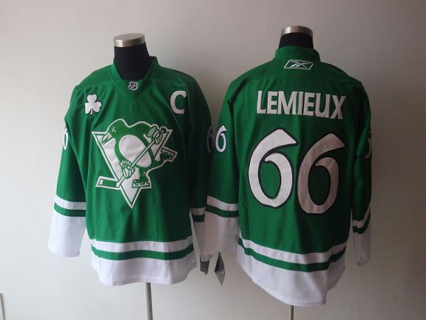 Penguins #66 Mario Lemieux Stitched Green St Patty's Day Jersey
