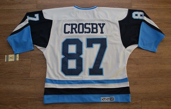 Penguins #87 Sidney Crosby Stitched White Blue CCM Throwback Jersey