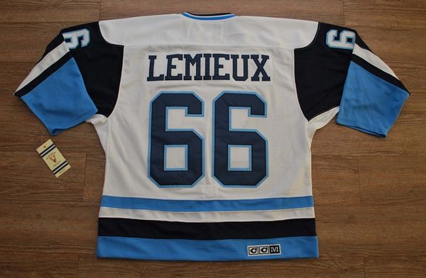 Penguins #66 Mario Lemieux Stitched White Blue CCM Throwback Jersey