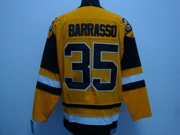 Penguins #35 Tom Barrasso Stitched Mitchell Ness Yellow Jersey