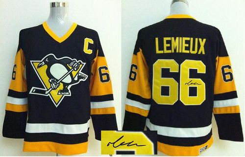 Penguins #66 Mario Lemieux Black CCM Throwback Autographed Stitched Jersey