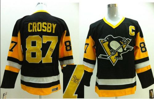 Penguins #87 Sidney Crosby Black CCM Throwback Autographed Stitched Jersey