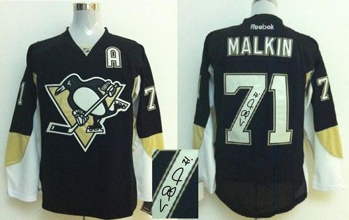 Penguins #71 Evgeni Malkin Black Autographed Stitched Jersey