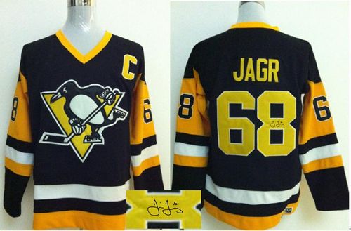 Penguins #68 Jaromir Jagr Black CCM Throwback Autographed Stitched Jersey
