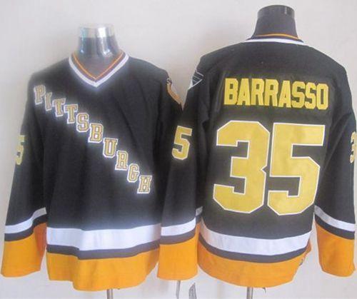 Penguins #35 Tom Barrasso Black Yellow CCM Throwback Stitched Jersey