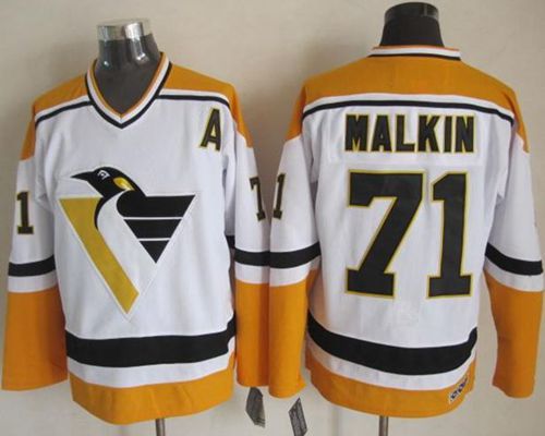 Penguins #71 Evgeni Malkin White Yellow CCM Throwback Stitched Jersey
