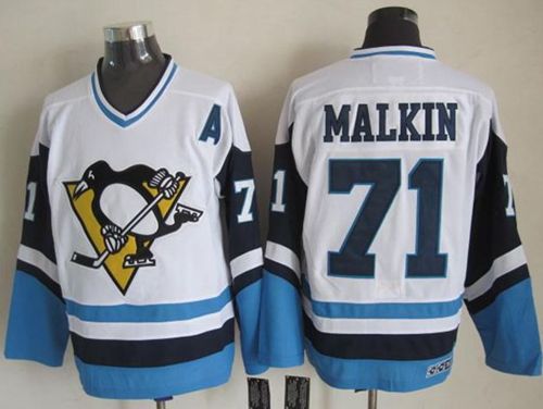 Penguins #71 Evgeni Malkin White Blue CCM Throwback Stitched Jersey