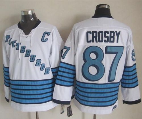 Penguins #87 Sidney Crosby White Light Blue CCM Throwback Stitched Jersey