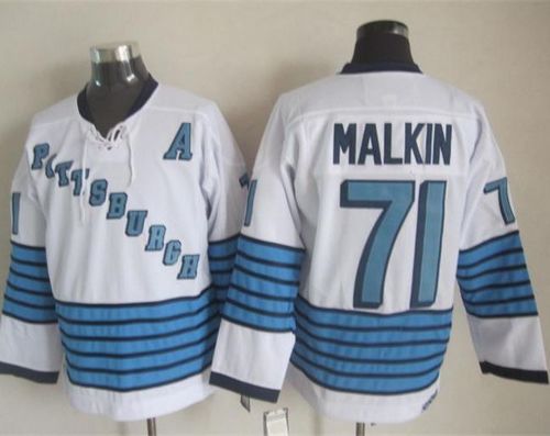 Penguins #71 Evgeni Malkin White Light Blue CCM Throwback Stitched Jersey