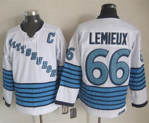 Penguins #66 Mario Lemieux White Light Blue CCM Throwback Stitched Jersey