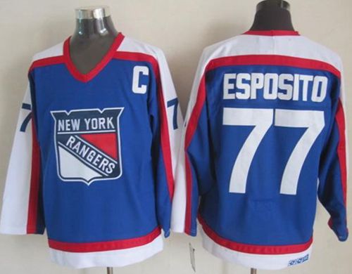 Rangers #77 Phil Esposito Blue White CCM Throwback Stitched Jersey