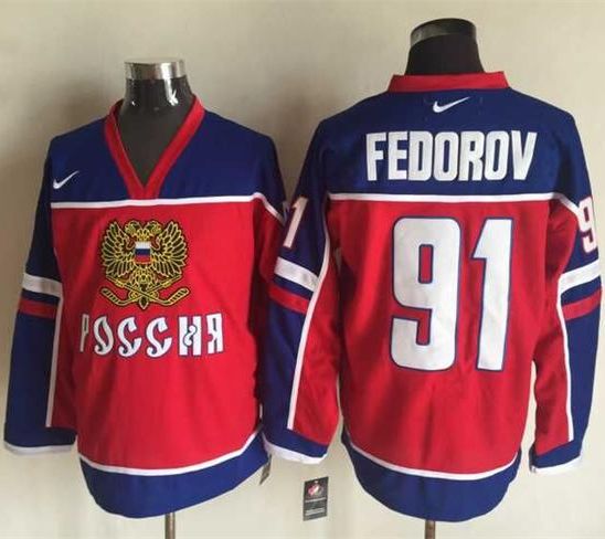 Red Wings #91 Sergei Fedorov Red Blue Nike Stitched Jersey