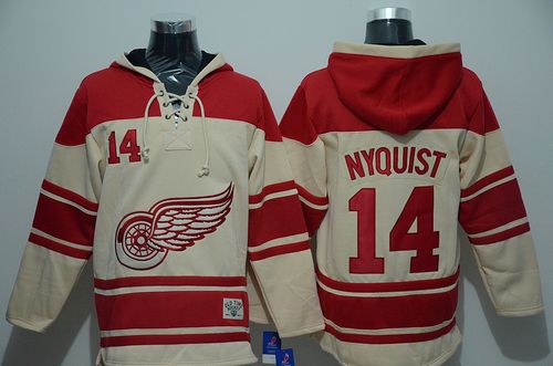 Red Wings #14 Gustav Nyquist Cream Sawyer Hooded Sweatshirt Stitched Jersey