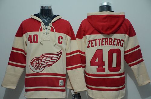Red Wings #40 Henrik Zetterberg Cream Sawyer Hooded Sweatshirt Stitched Jersey