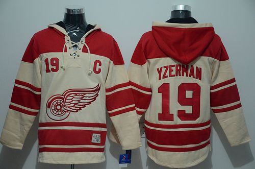Red Wings #19 Steve Yzerman Cream Sawyer Hooded Sweatshirt Stitched Jersey