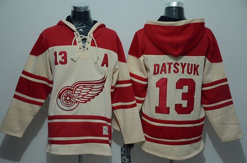 Red Wings #13 Pavel Datsyuk Cream Sawyer Hooded Sweatshirt Stitched Jersey