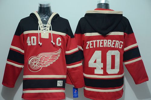 Red Wings #40 Henrik Zetterberg Red Sawyer Hooded Sweatshirt Stitched Jersey