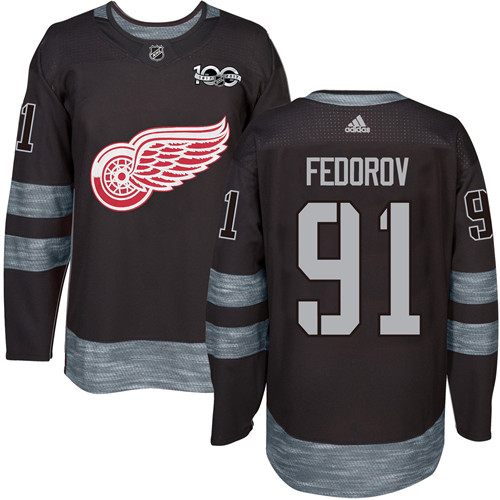 Red Wings #91 Sergei Fedorov Black 1917-2017 100th Anniversary Stitched Jersey