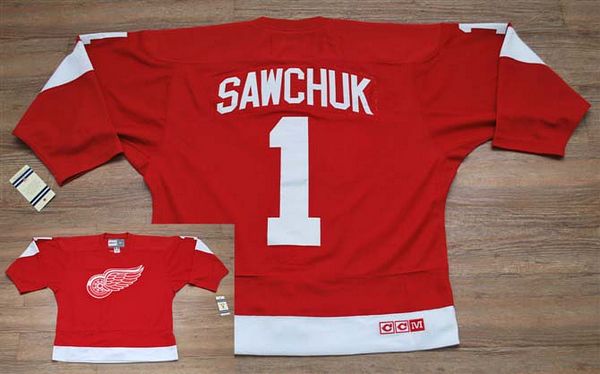 Red Wings #1 Terry Sawchuk Stitched Red CCM Throwback Jersey