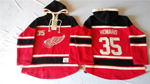 Red Wings #35 Jimmy Howard Red Sawyer Hooded Sweatshirt Stitched Jersey