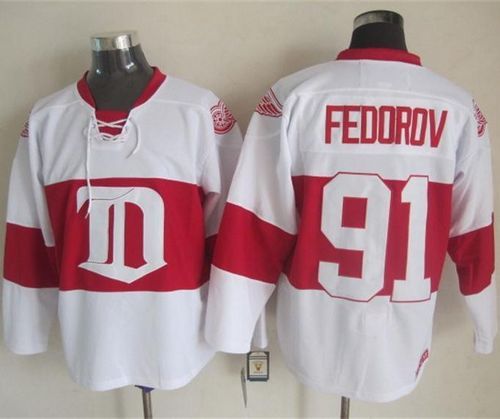 Red Wings #91 Sergei Fedorov White Winter Classic CCM Throwback Stitched Jersey