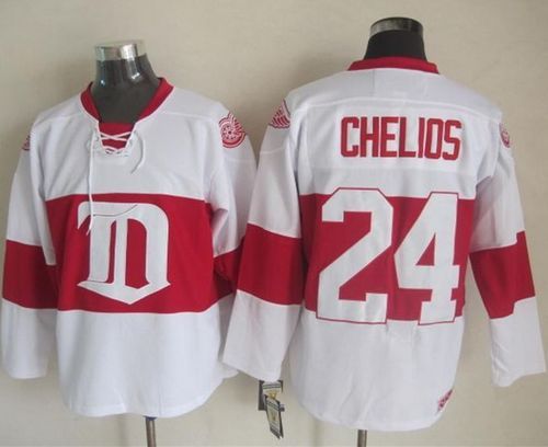 Red Wings #24 Chris Chelios White Winter Classic CCM Throwback Stitched Jersey