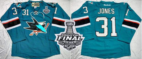 Sharks #31 Martin Jones Teal Home 2016 Stanley Cup Final Patch Stitched Jersey