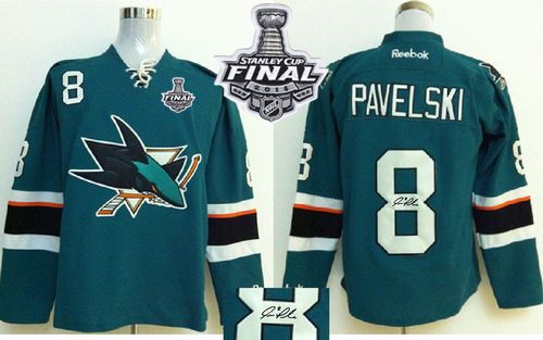Sharks #8 Joe Pavelski Teal Autographed 2016 Stanley Cup Final Patch Stitched Jersey