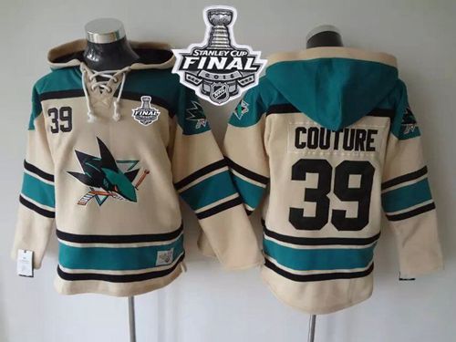 Sharks #39 Logan Couture Cream Sawyer Hooded Sweatshirt 2016 Stanley Cup Final Patch Stitched Jersey