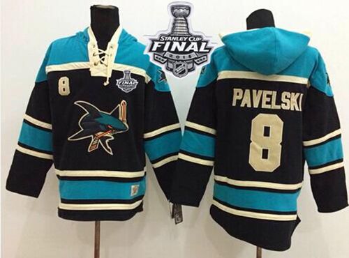 Sharks #8 Joe Pavelski Black Sawyer Hooded Sweatshirt 2016 Stanley Cup Final Patch Stitched Jersey