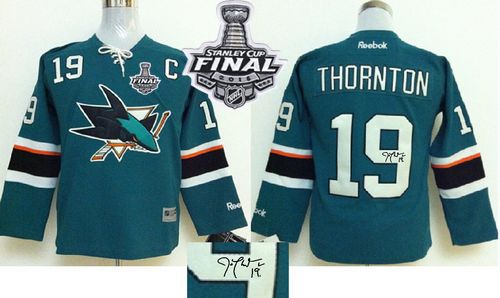 Sharks #19 Joe Thornton Teal Autographed 2016 Stanley Cup Final Patch Stitched Jersey