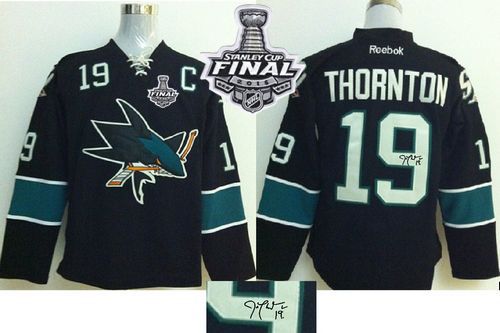 Sharks #19 Joe Thornton Black Autographed 2016 Stanley Cup Final Patch Stitched Jersey