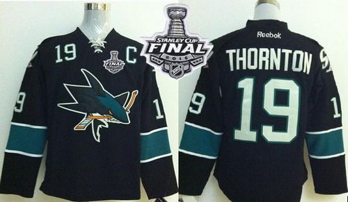 Sharks #19 Joe Thornton Black 2016 Stanley Cup Final Patch Stitched Jersey