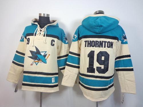 Sharks #19 Joe Thornton Cream Sawyer Hooded Sweatshirt Stitched Jersey