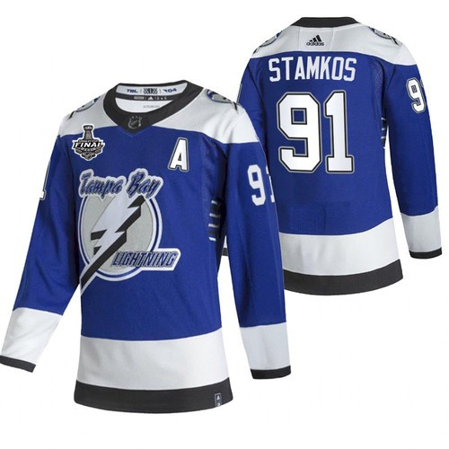 Tampa Bay Lightning #91 Steven Stamkos 2021 Blue Stanley Cup Final Bound Reverse Retro Stitched Jersey