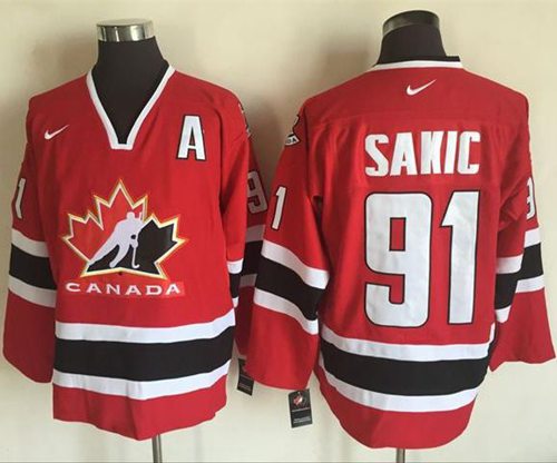 Team CA. #91 Joe Sakic Red Black 2002 Olympic Nike Throwback Stitched Jersey