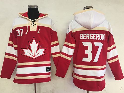 Team CA. #37 Patrice Bergeron Red Sawyer Hooded Sweatshirt 2016 World Cup Stitched Jersey