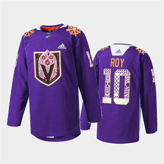 Vegas Golden Knights #10 Nicolas Roy Purple Hispanic Heritage Warmup Stitched Jersey
