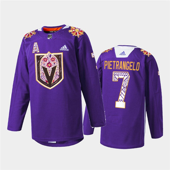 Vegas Golden Knights #7 Alex Pietrangelo Purple Hispanic Heritage Warmup Stitched Jersey