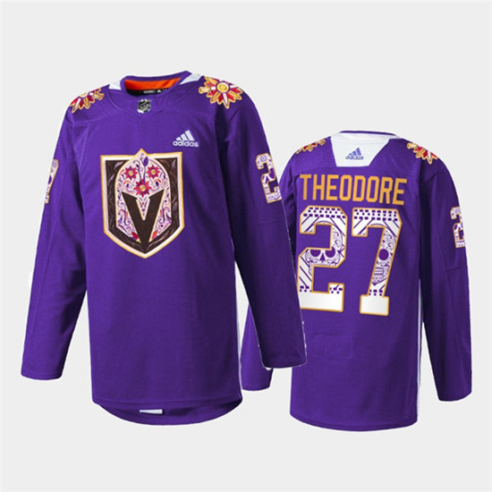 Vegas Golden Knights #27 Shea Theodore Purple Hispanic Heritage Warmup Stitched Jersey
