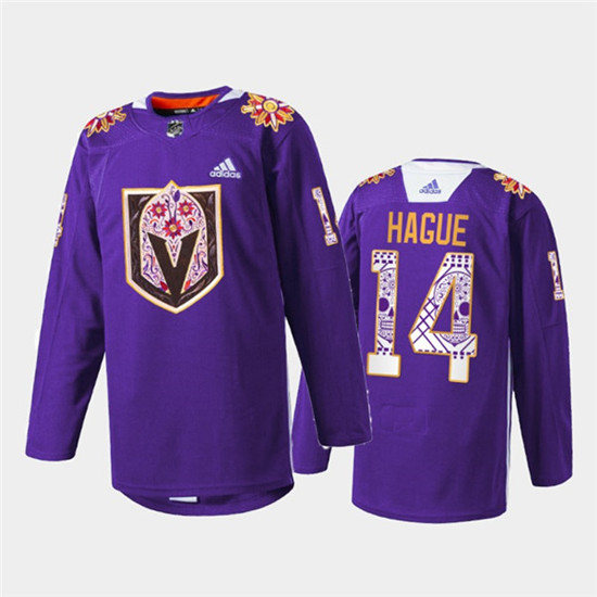 Vegas Golden Knights #14 Nicolas Hague Purple Hispanic Heritage Warmup Stitched Jersey