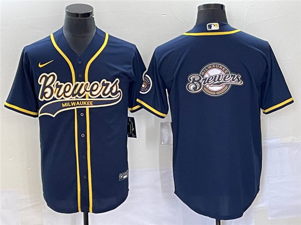 Milwaukee Brewers Navy Team Big Logo Cool Base Stitched Jersey