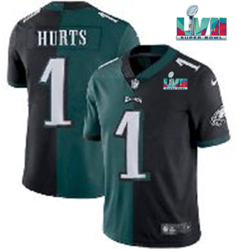 Philadelphia Eagles #1 Jalen Hurts Black Green Split Super Bowl LVII Patch Limited Stitched Jersey