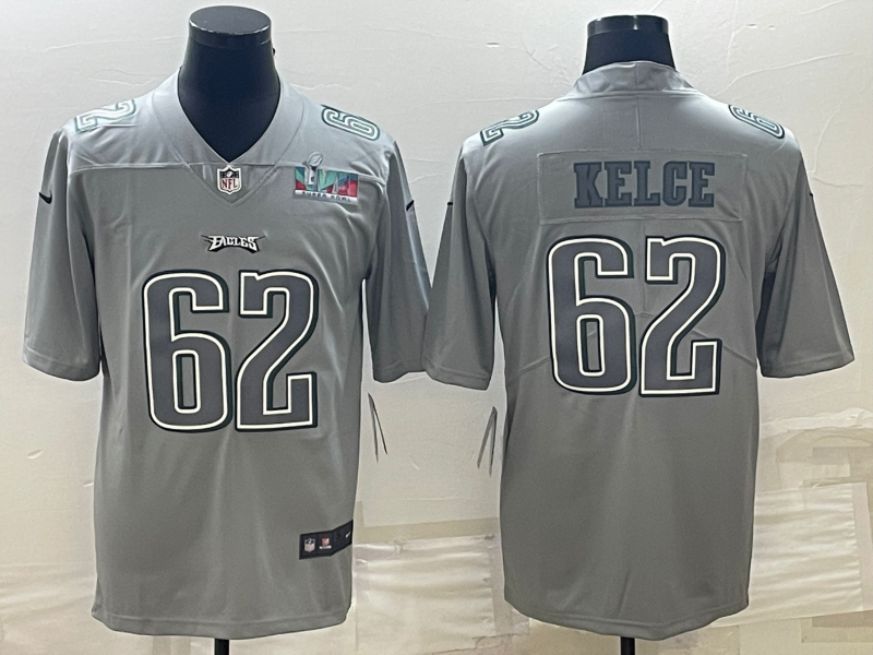 Philadelphia Eagles #62 Jason Kelce Gray Super Bowl LVII Patch Atmosphere Fashion Stitched Jersey