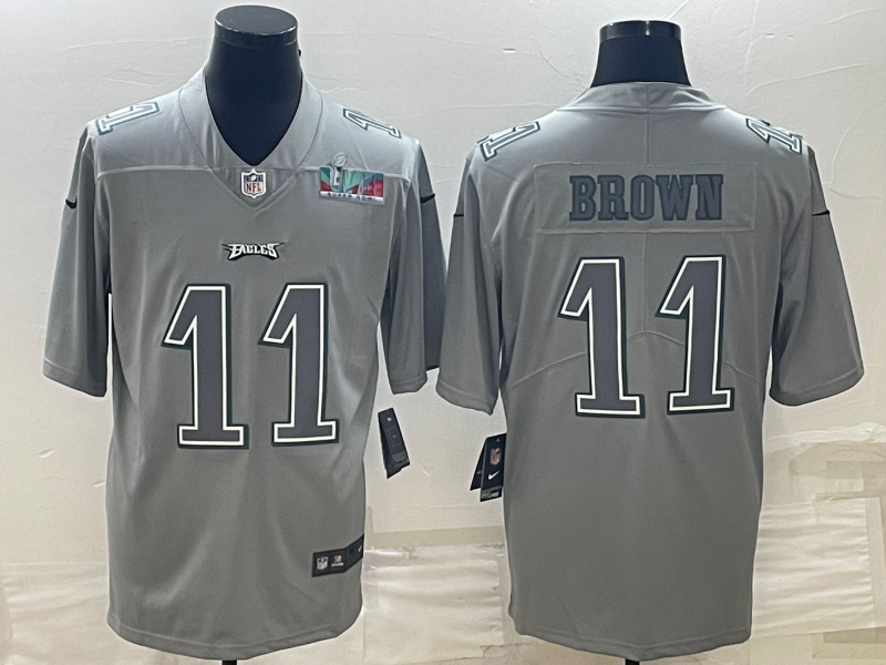 Philadelphia Eagles #11 A.J. Brown Gray Super Bowl LVII Patch Atmosphere Fashion Stitched Jersey