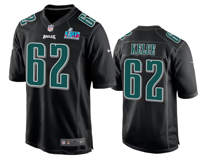 Philadelphia Eagles #62 Jason Kelce Black Super Bowl LVII Patch Stitched Game Jersey